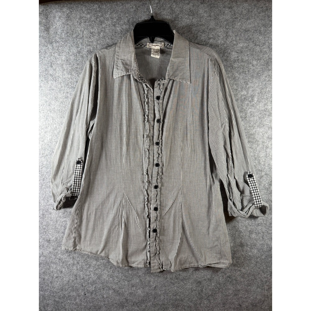 6 Degrees Womens Striped Ruffle Button Down Shirt Roll Tab Sleeve Black White L